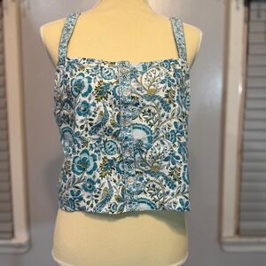 Rachel Zoe Linen Cottagecore Floral Boho Smocked Back Crop Top XL